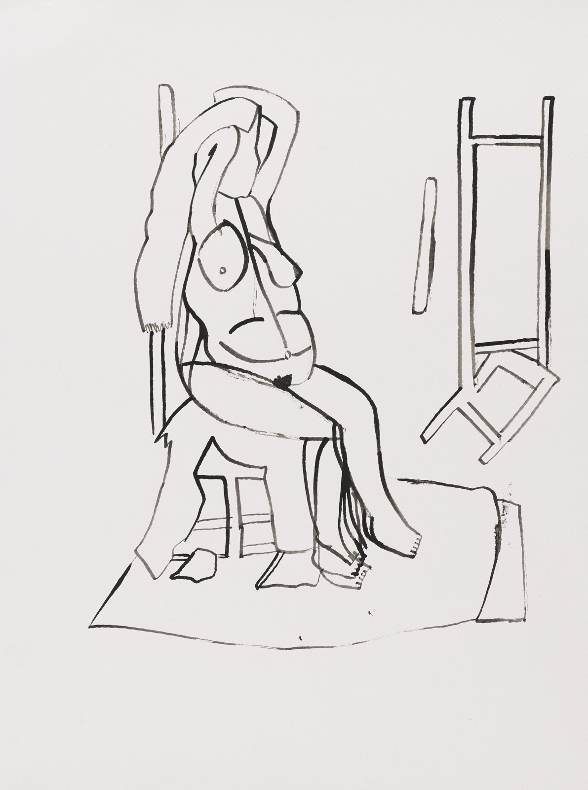 Drawing, Chinese ink: Lady sitting in front of easel
