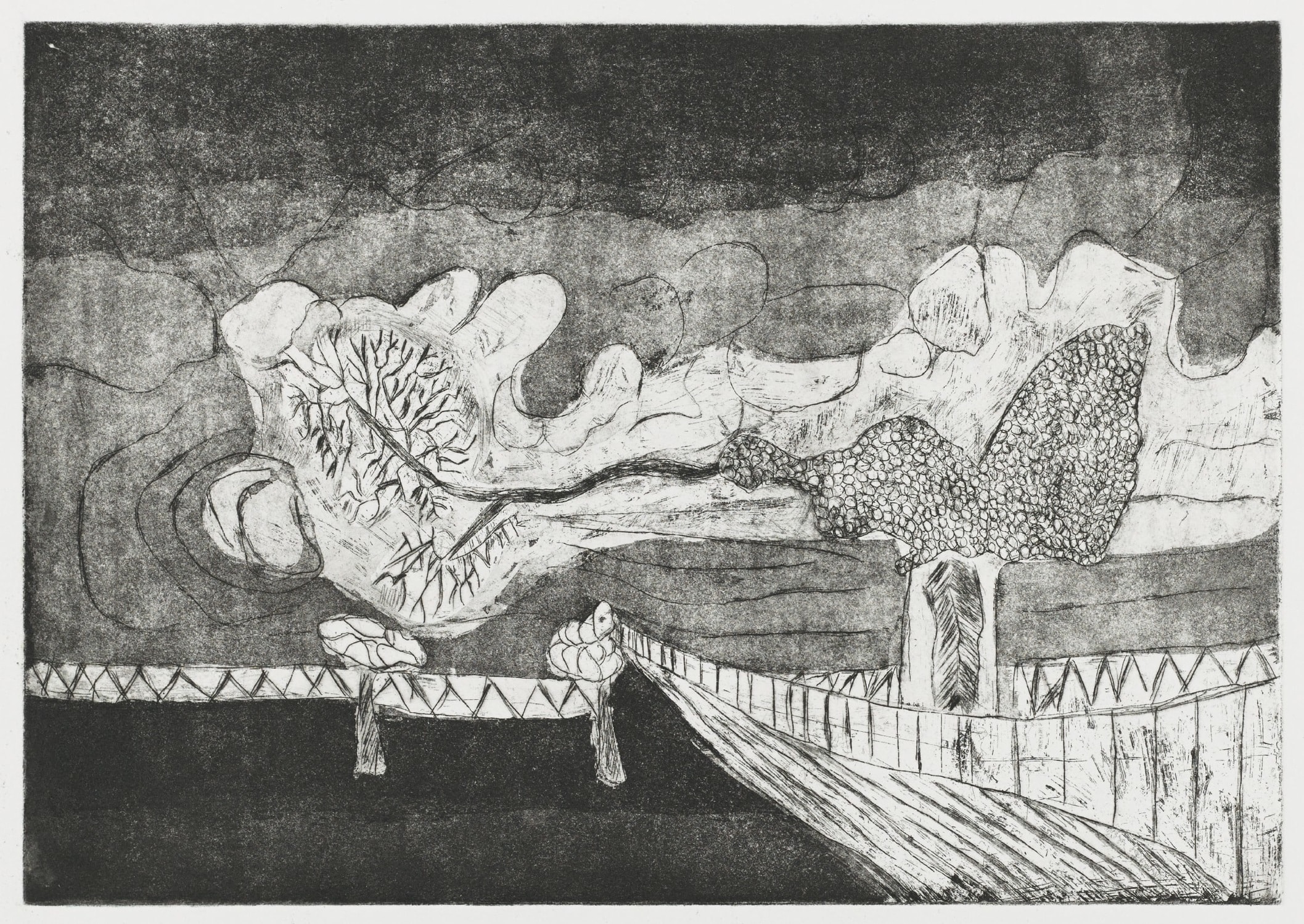 Print, etching and aquatint : Fenced in Tree
