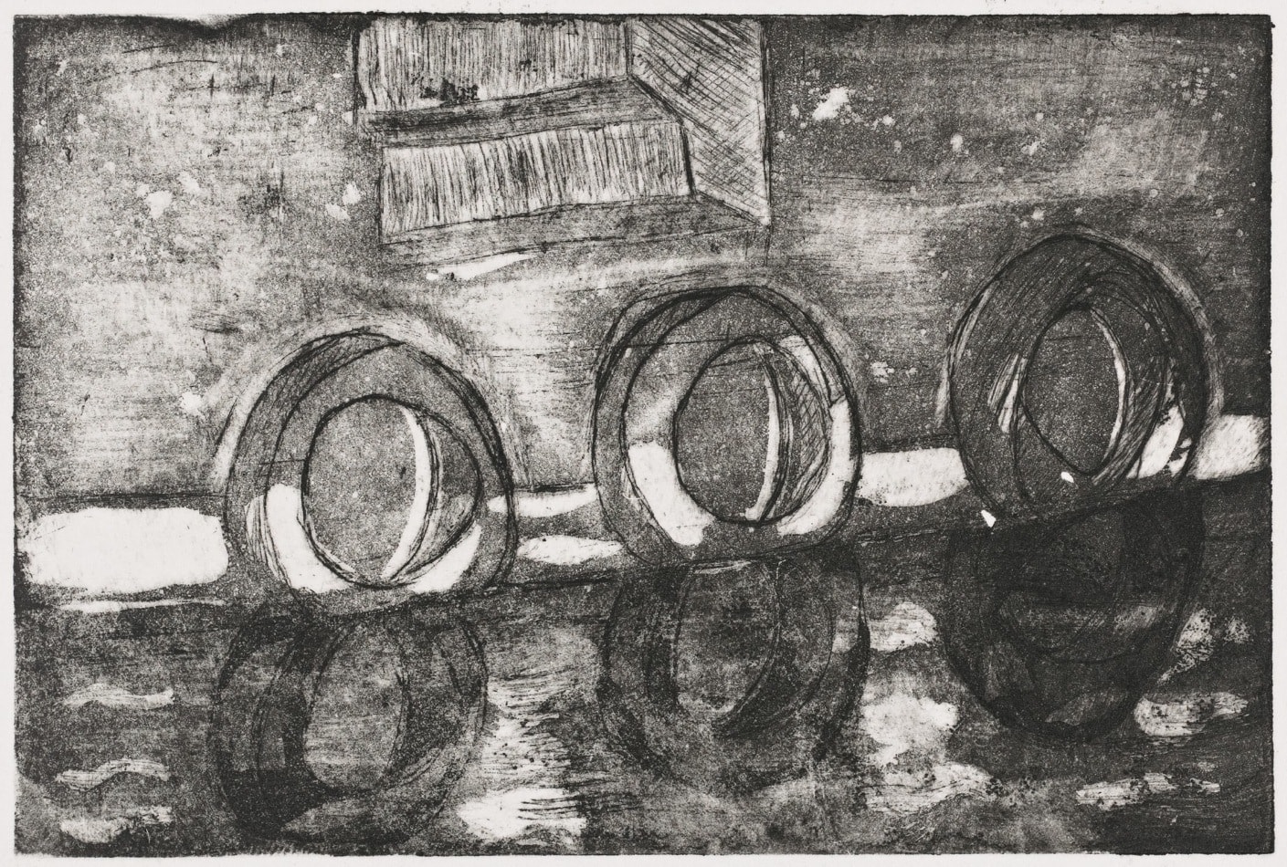 Print, etching and aquatint: Reflections of tires in water
