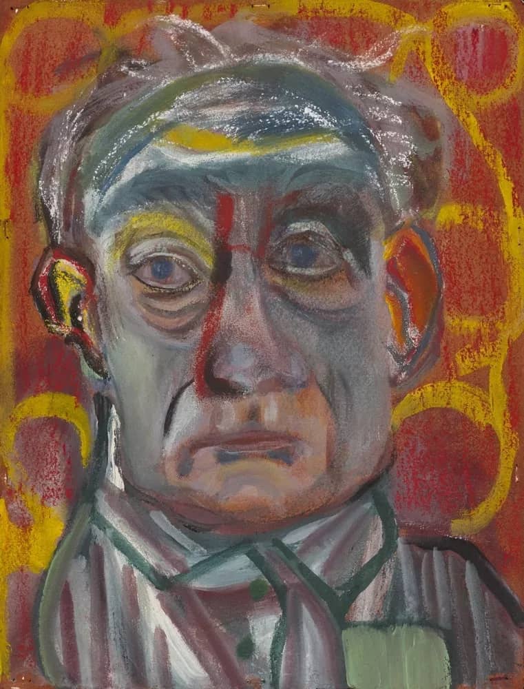Drawing, pastel on paper: Gerard Beringer's face on a red background