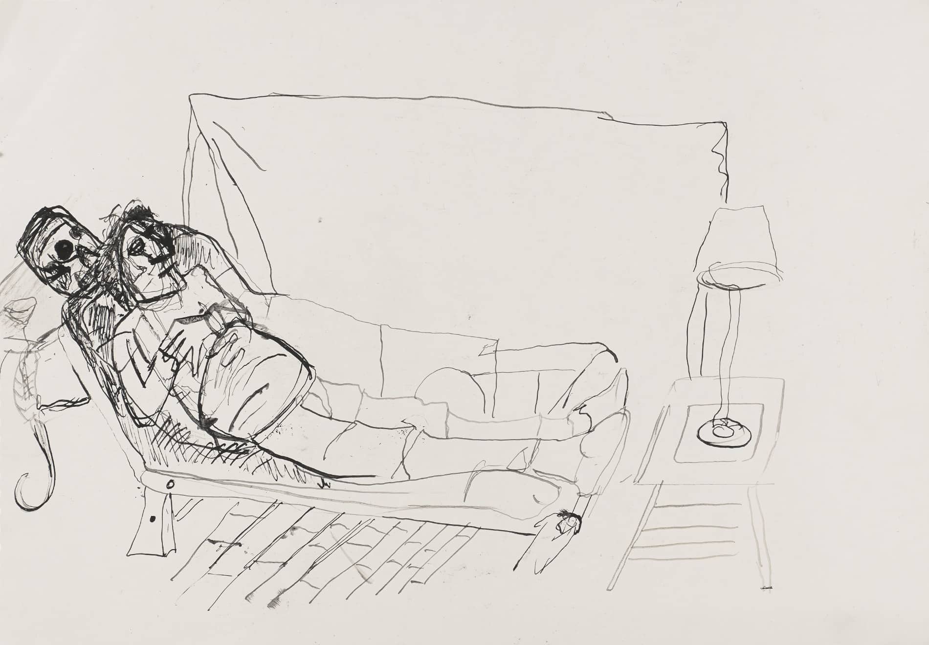 drawing - Gérard Beringer lying down with a skull - India ink